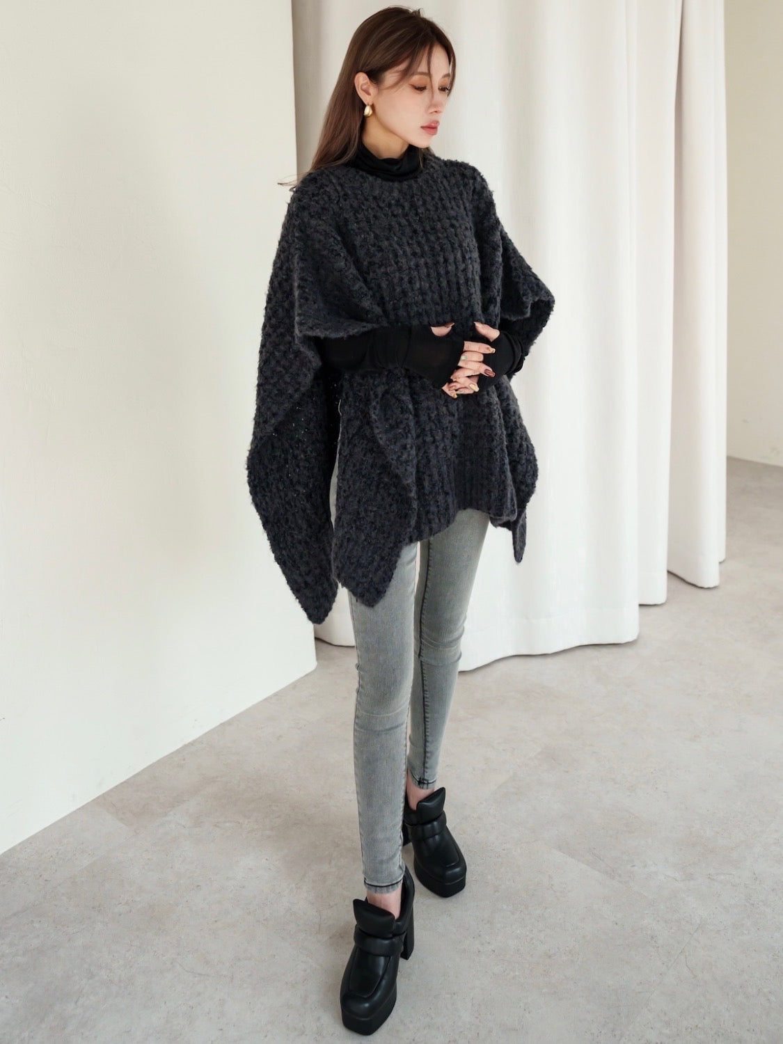 Waffle ニット 2WAY ポンチョ