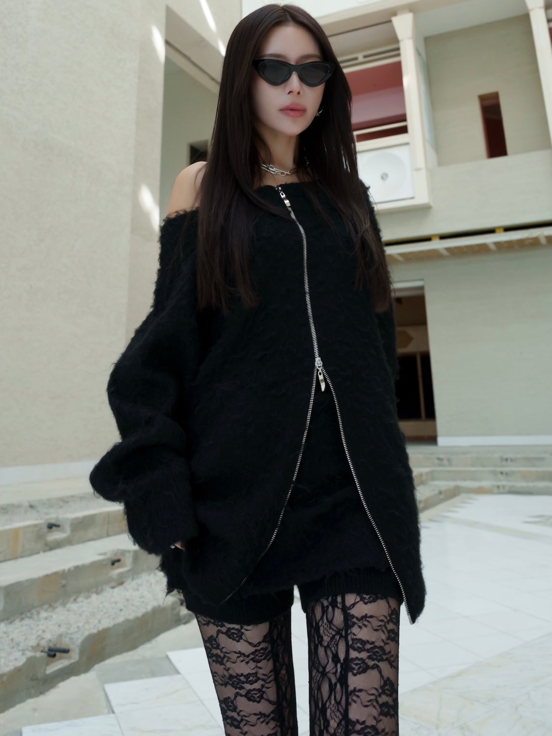 オフショルダー フロント Zip KNIT