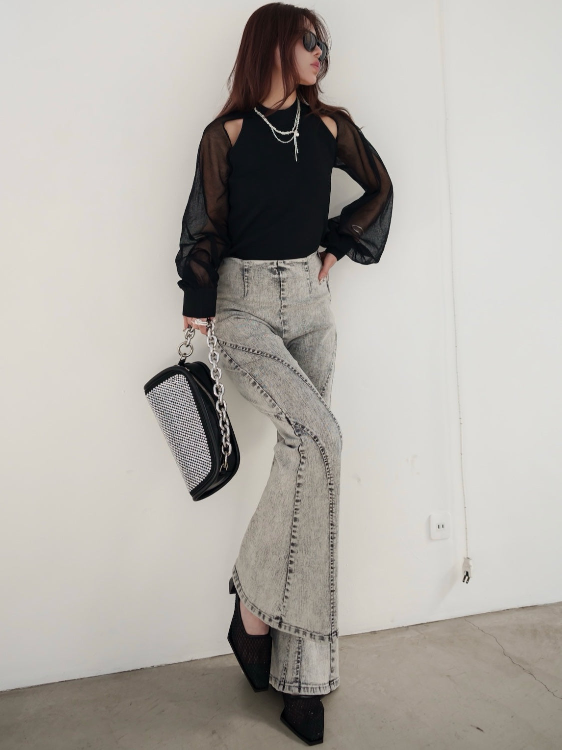 Sheer sleeve docking knit top