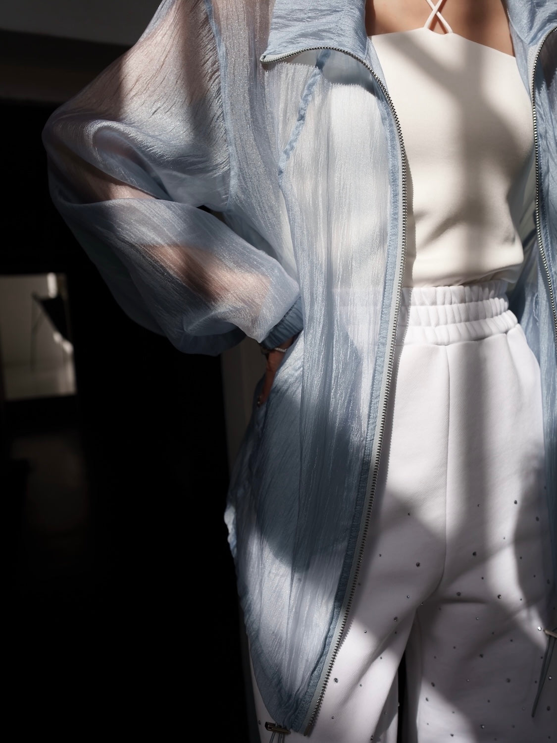 Drawstring & Zip Sheer Blouson