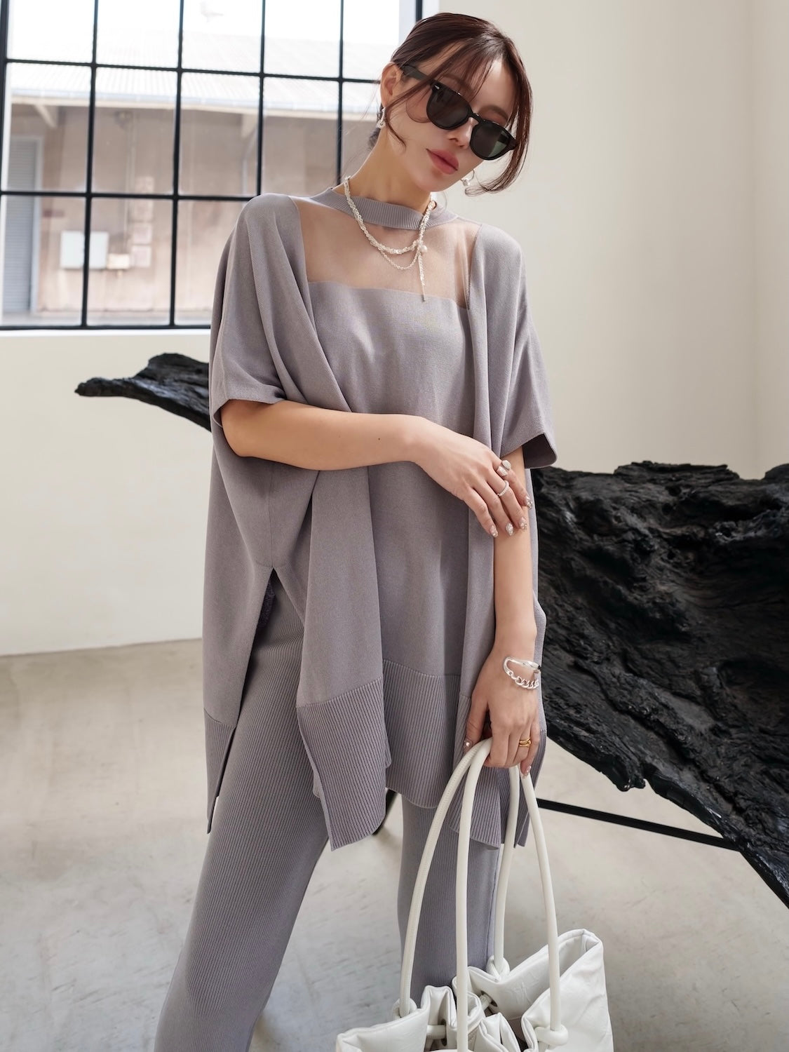 Poncho-like decollete sheer knit set