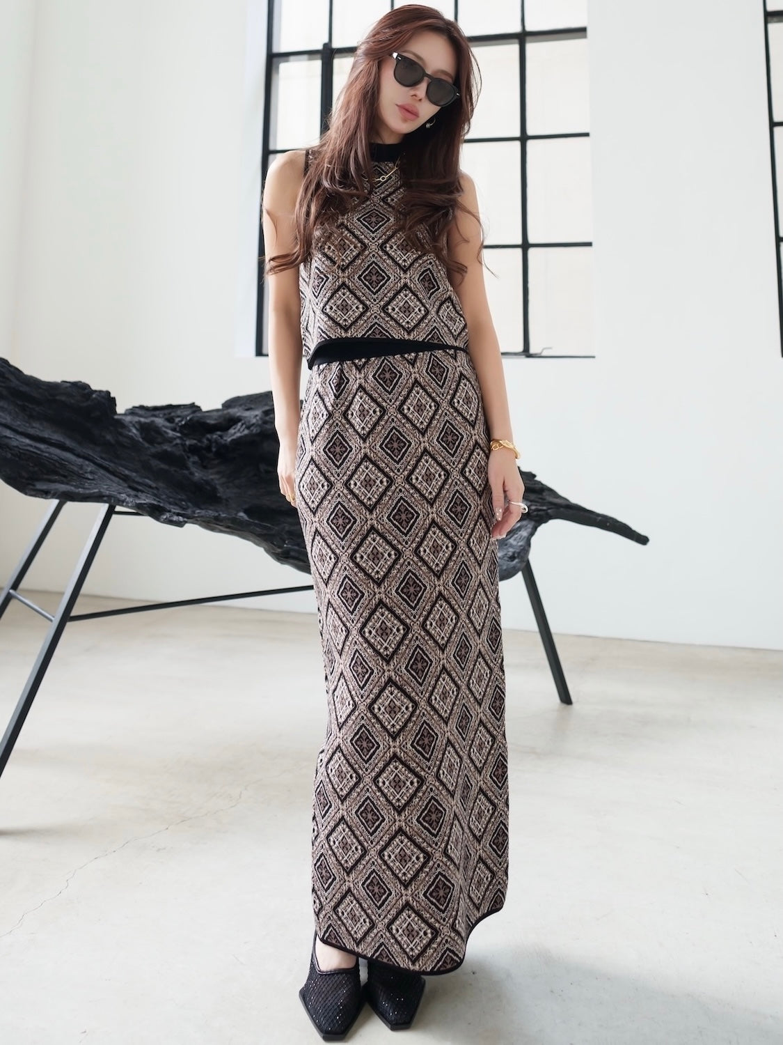 Tile jacquard knit set up