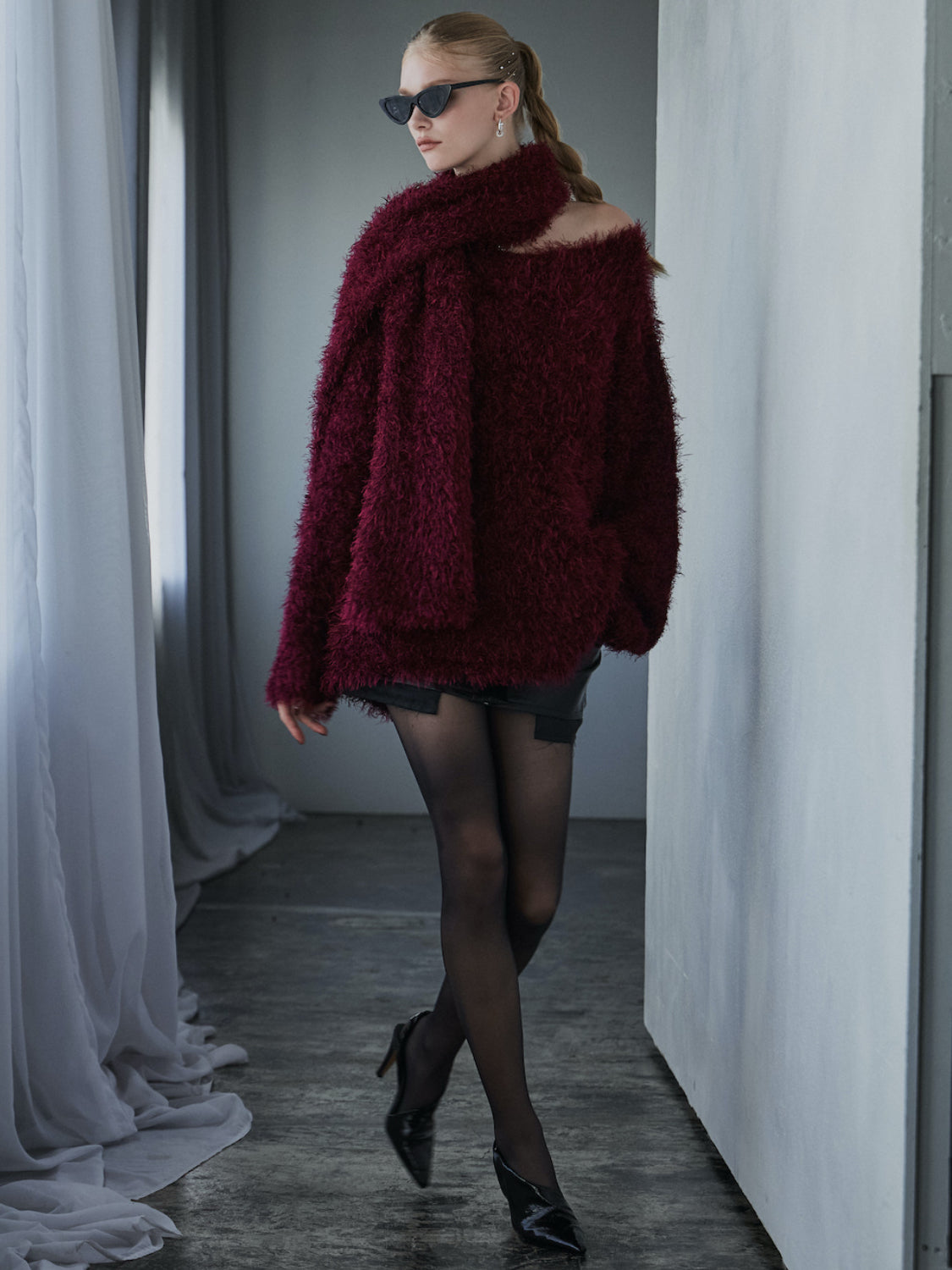 Vネック シャギーKNIT&マフラー Set