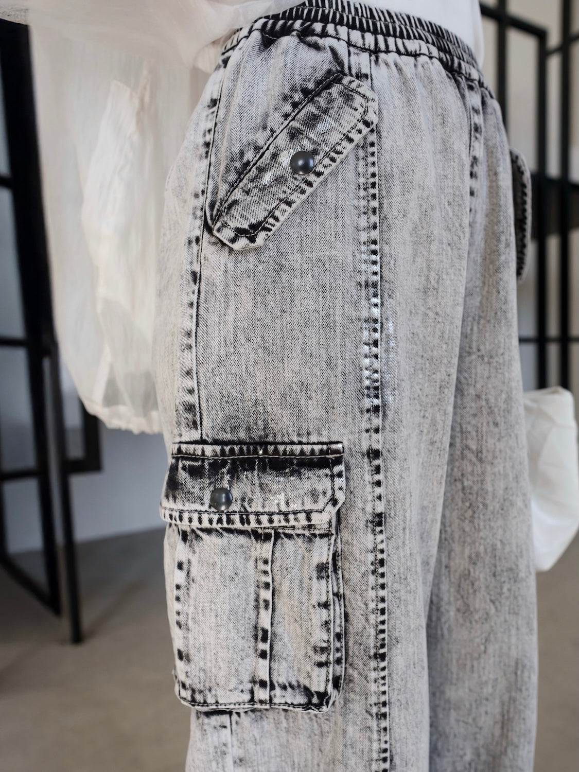 Metallic print chemical cargo denim