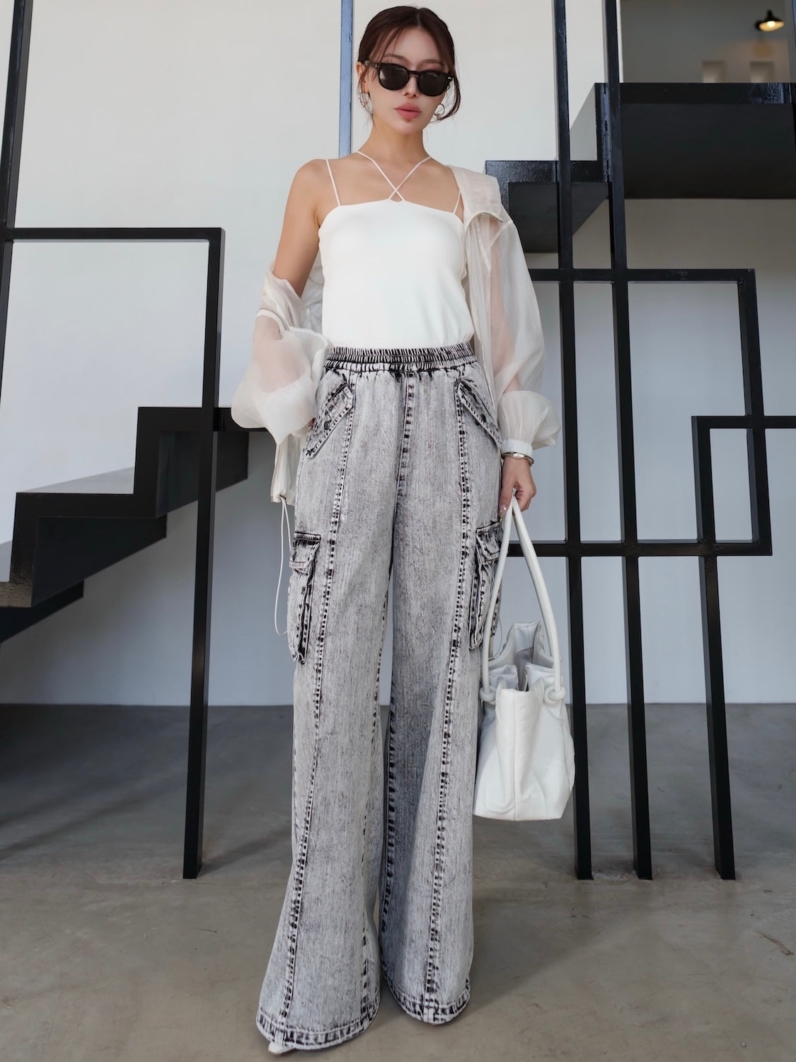Metallic print chemical cargo denim