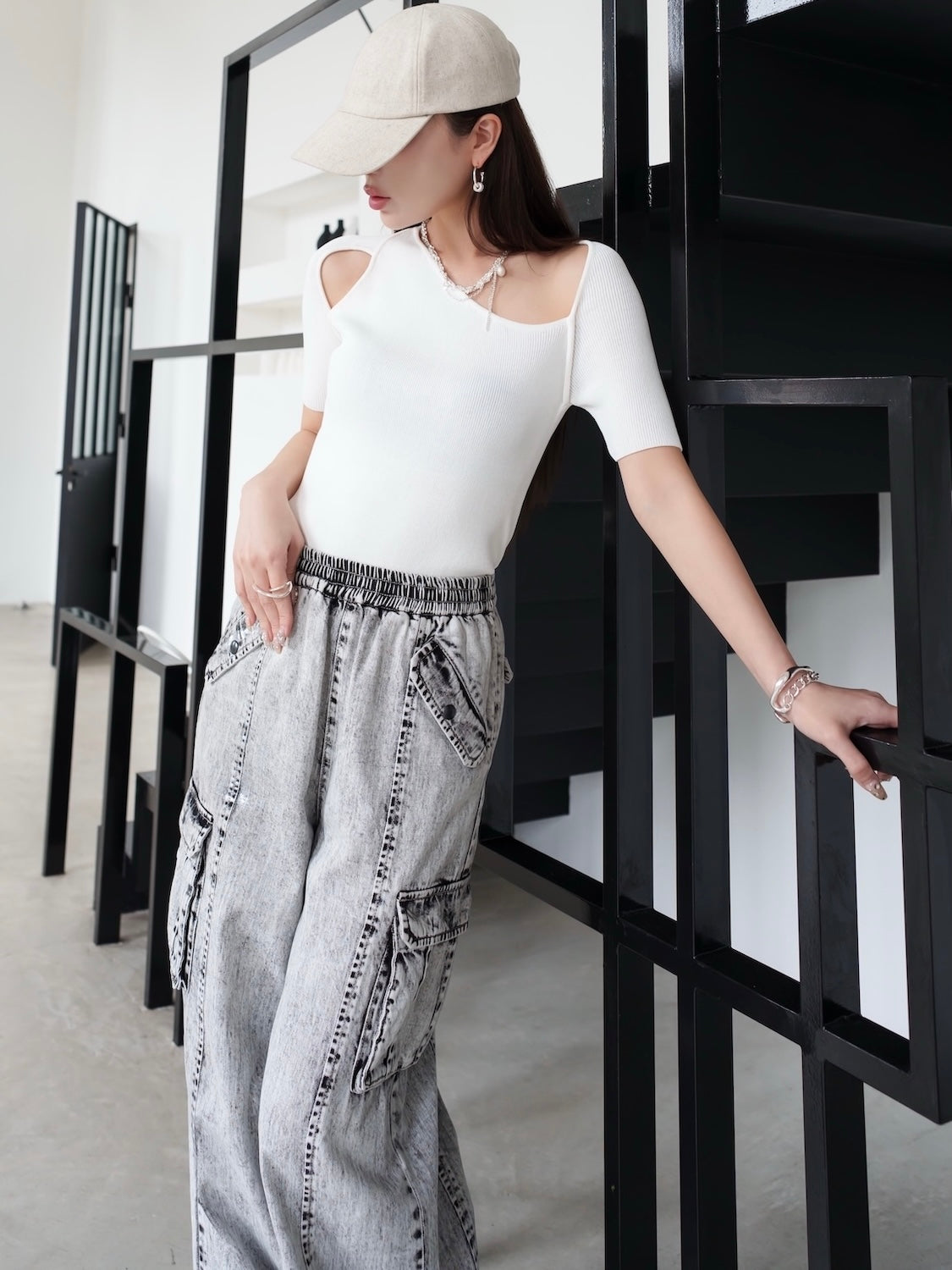 Metallic print chemical cargo denim