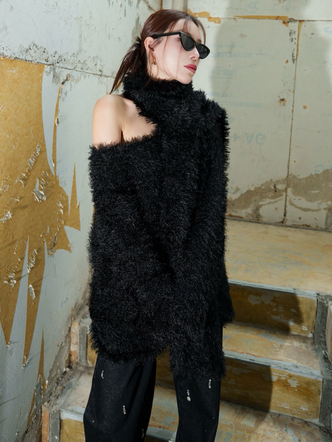 Vネック シャギーKNIT&マフラー Set