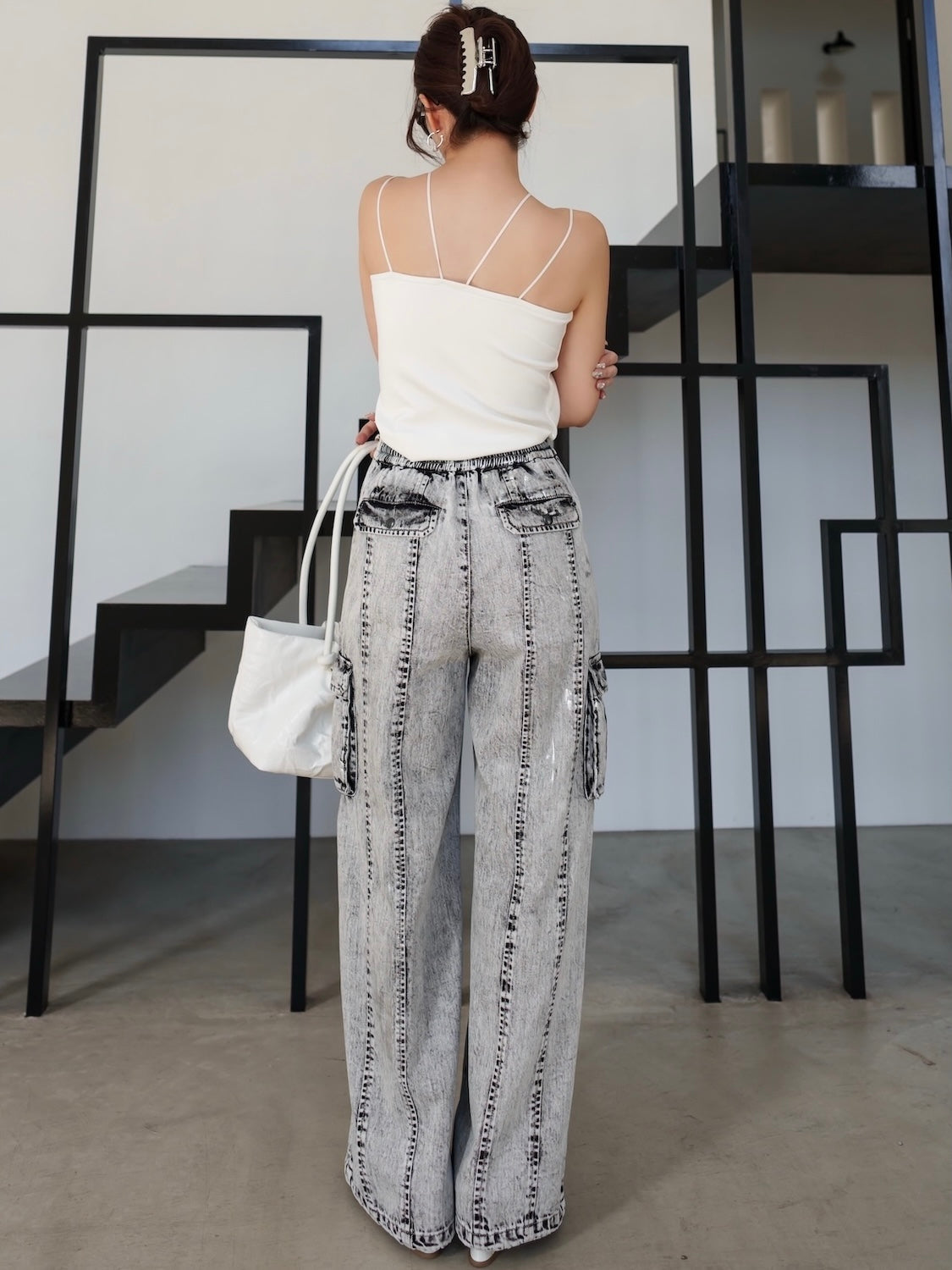 Metallic print chemical cargo denim