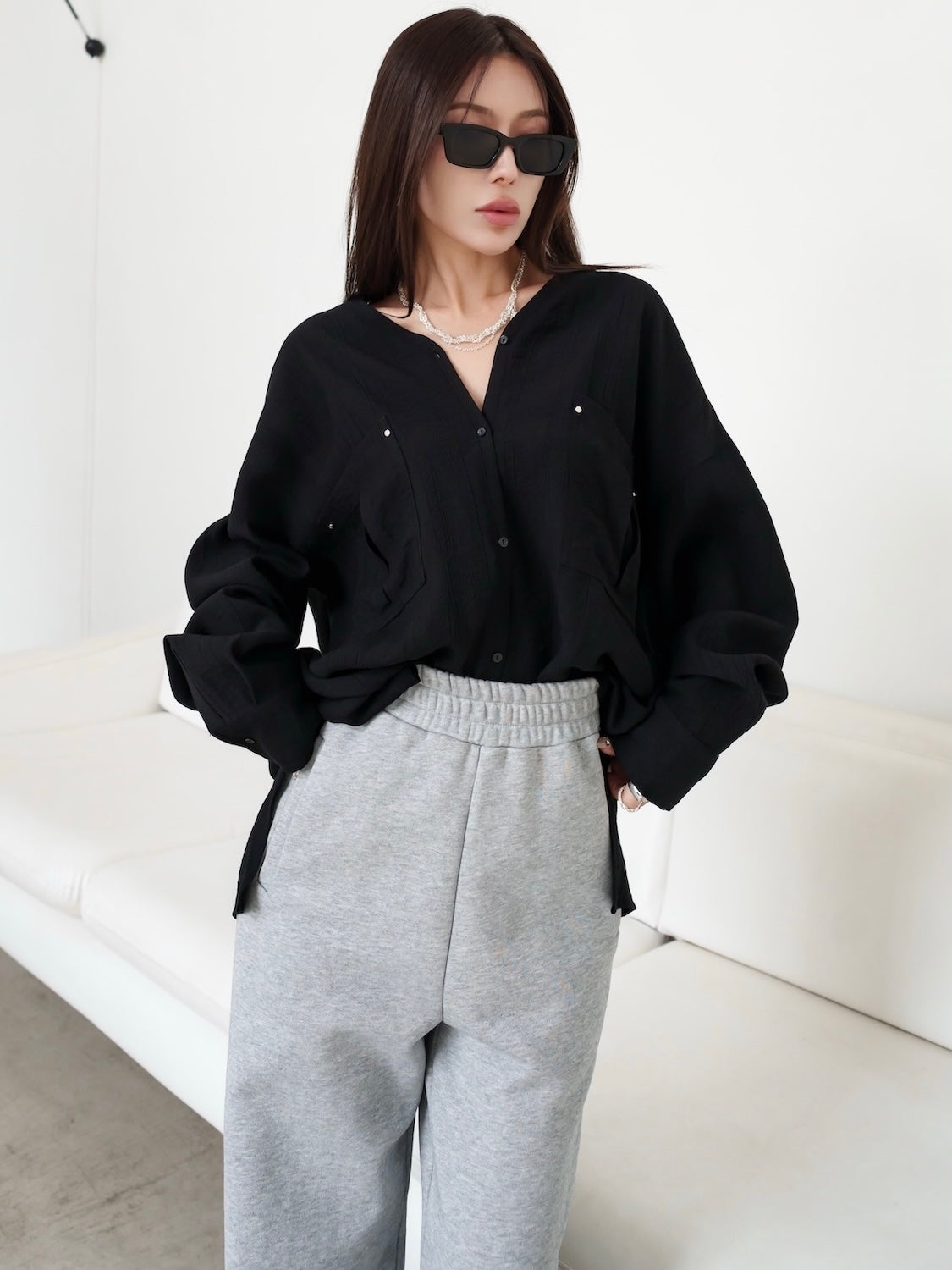 クリンプ Vネック ラージポケット ブラウス