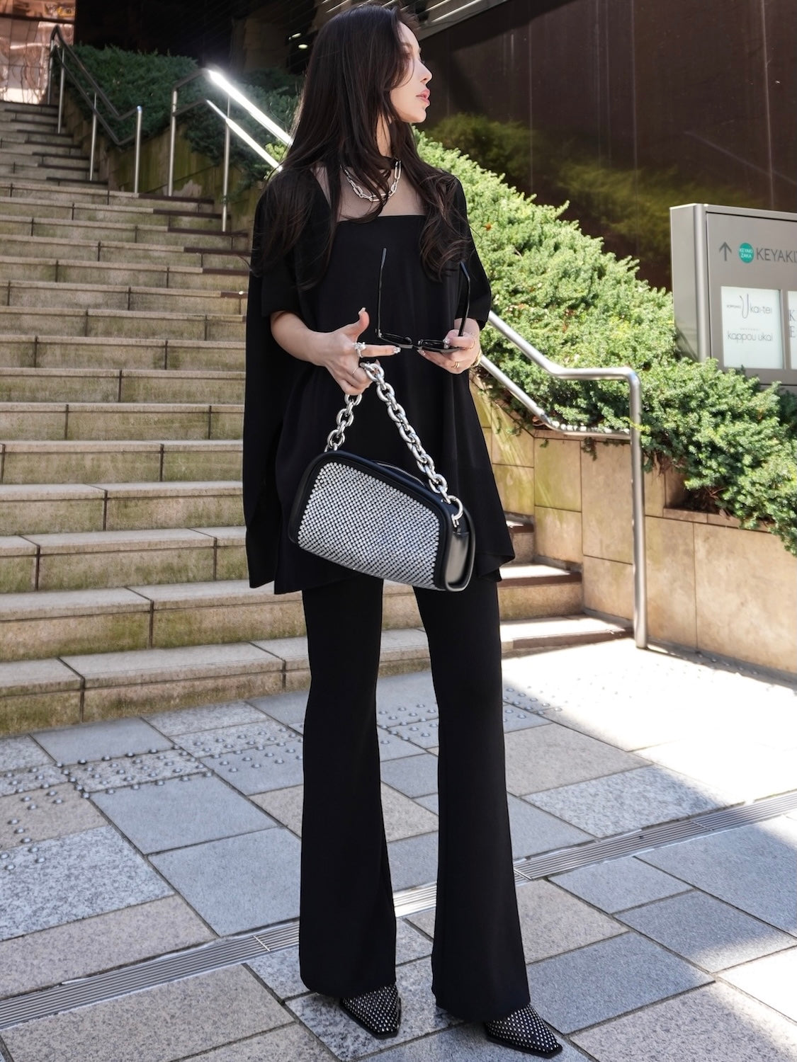 Poncho-like decollete sheer knit set