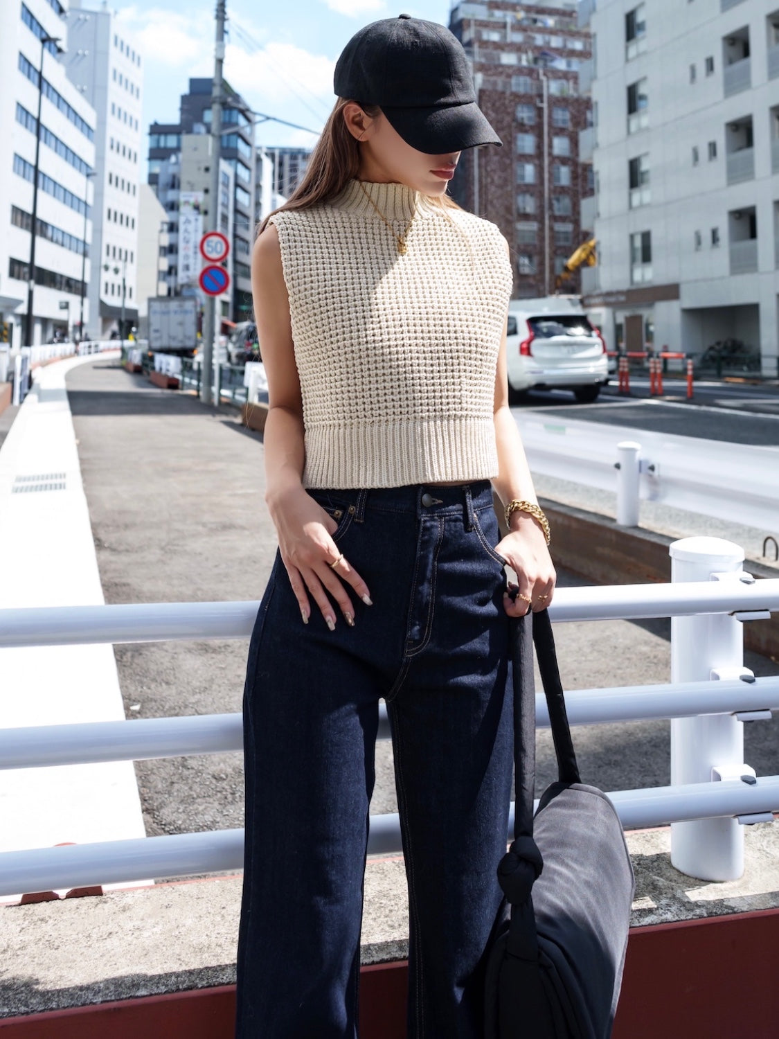 High neck waffle knit vest