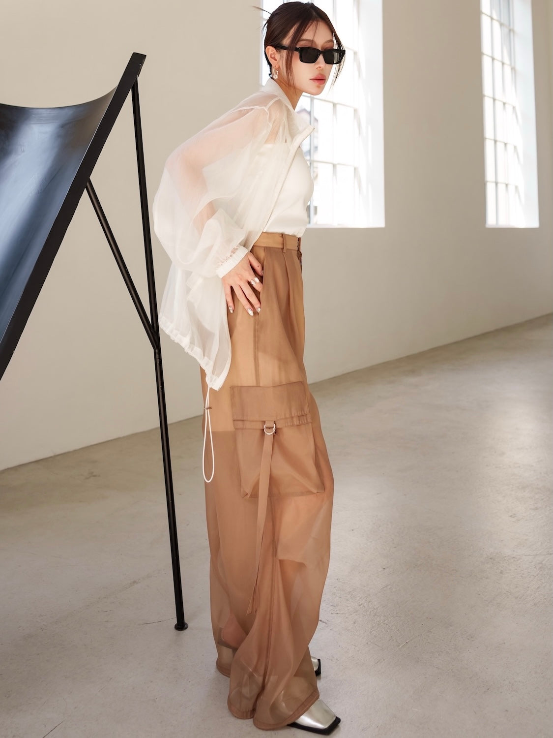 Drawstring & Zip Sheer Blouson