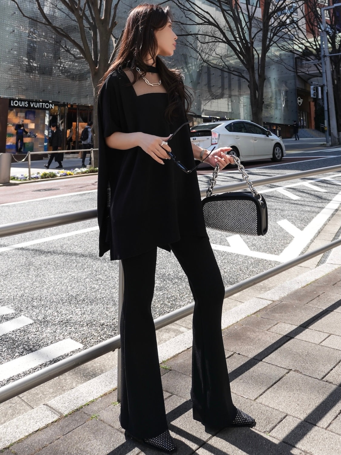 Poncho-like decollete sheer knit set