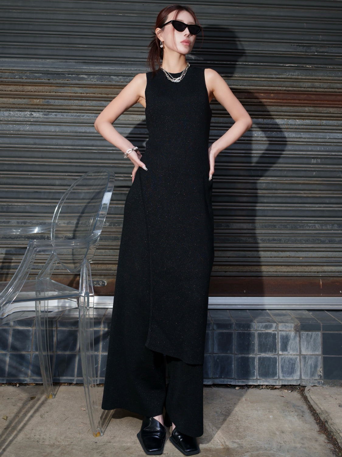 アシンメトリー スリット ラメKNIT セットアップ