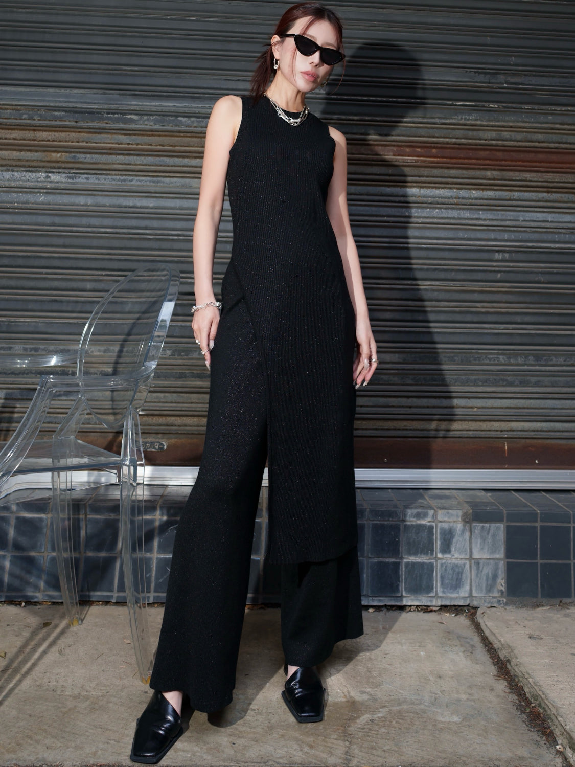 アシンメトリー スリット ラメKNIT セットアップ
