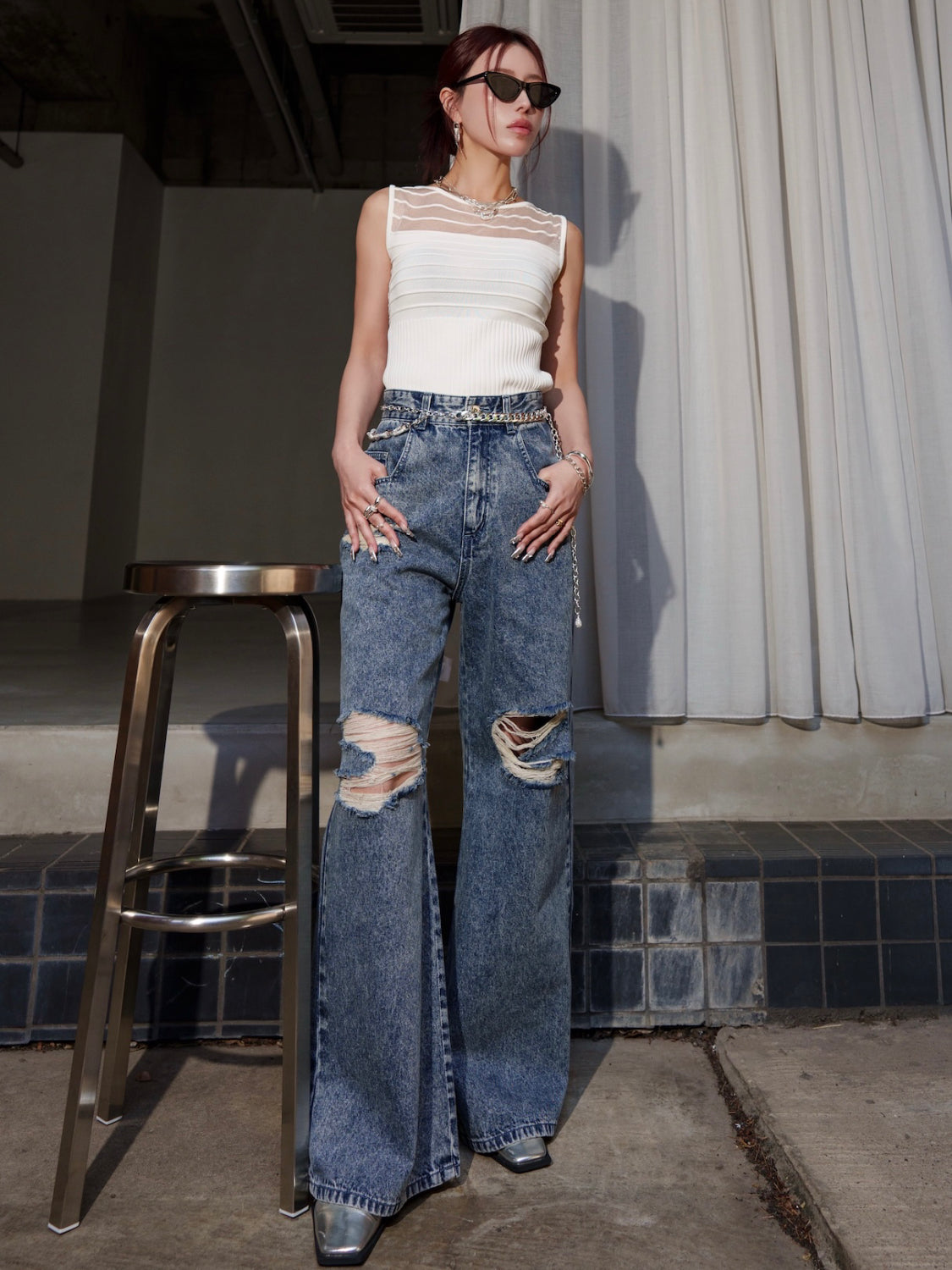 ノースリーブ Rib シアー KNIT トップス