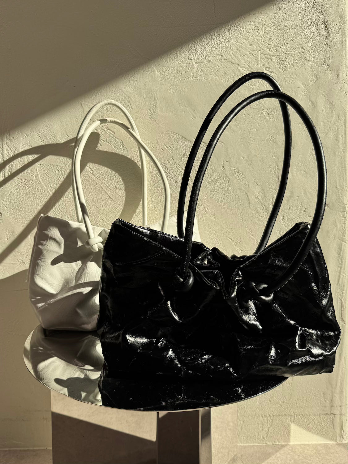Knot crinkled leather tote