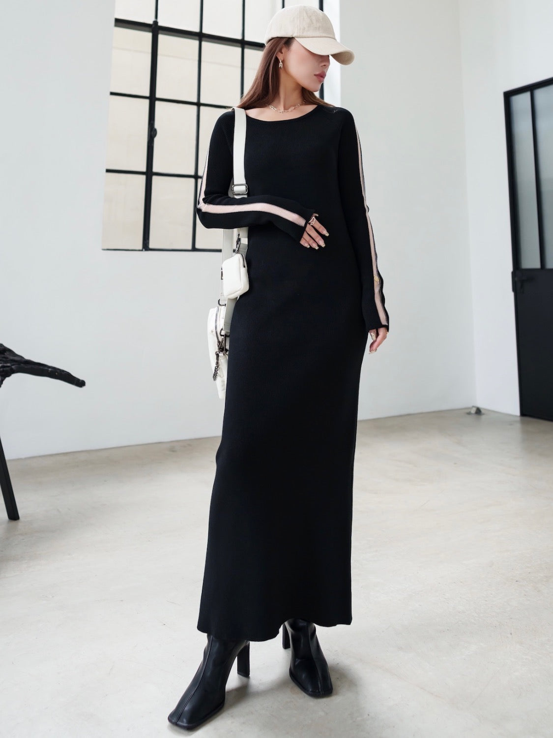 Mesh ライン スリーブ ワンピース