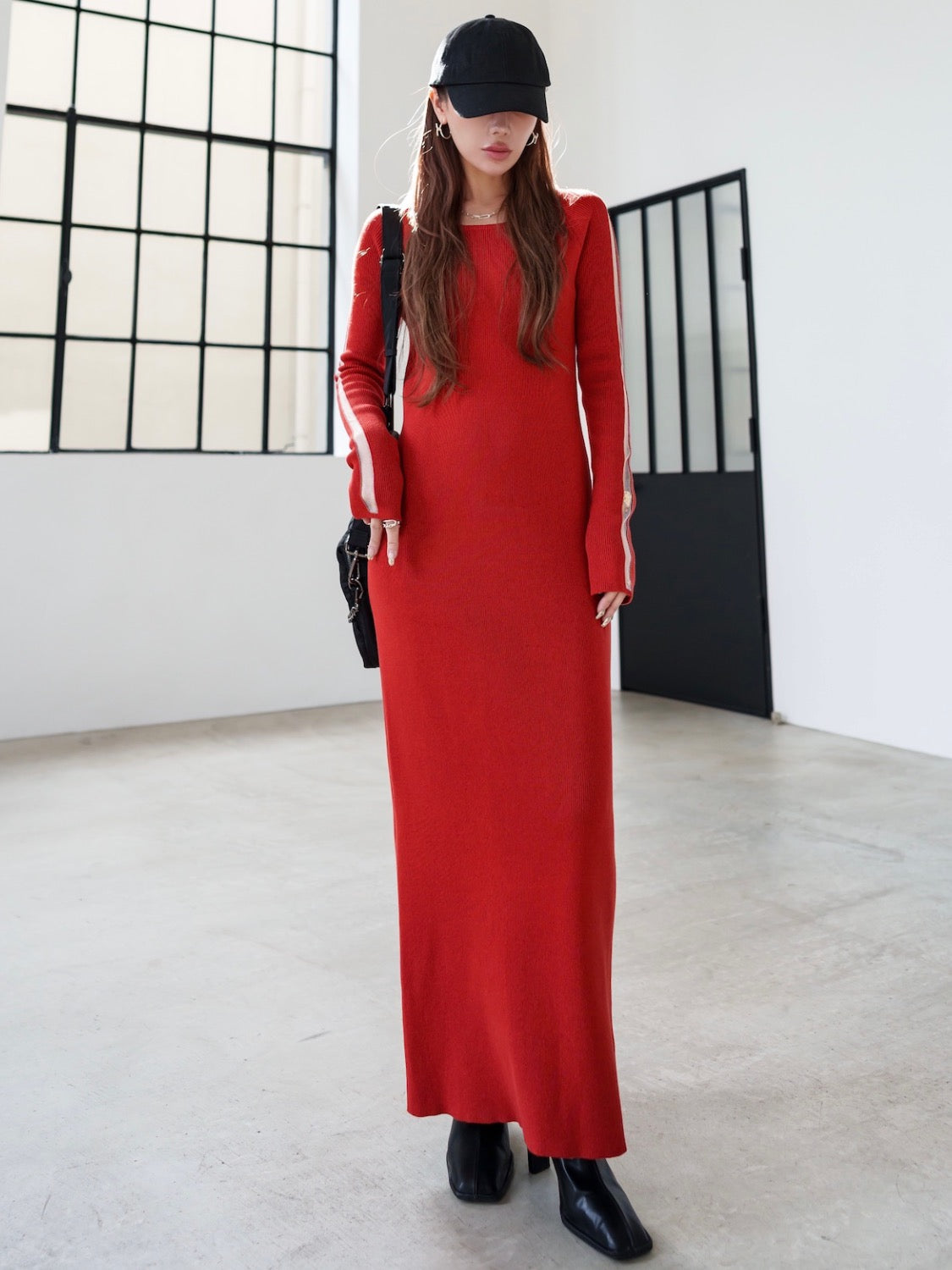 Mesh ライン スリーブ ワンピース