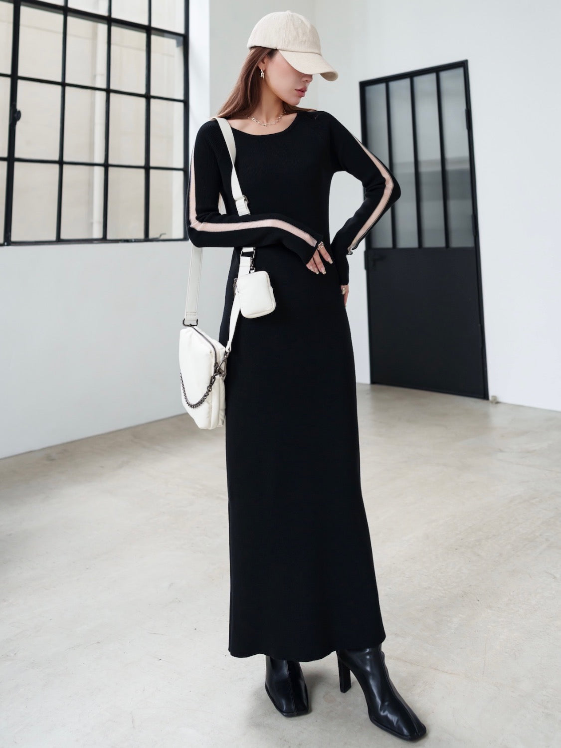 Mesh ライン スリーブ ワンピース