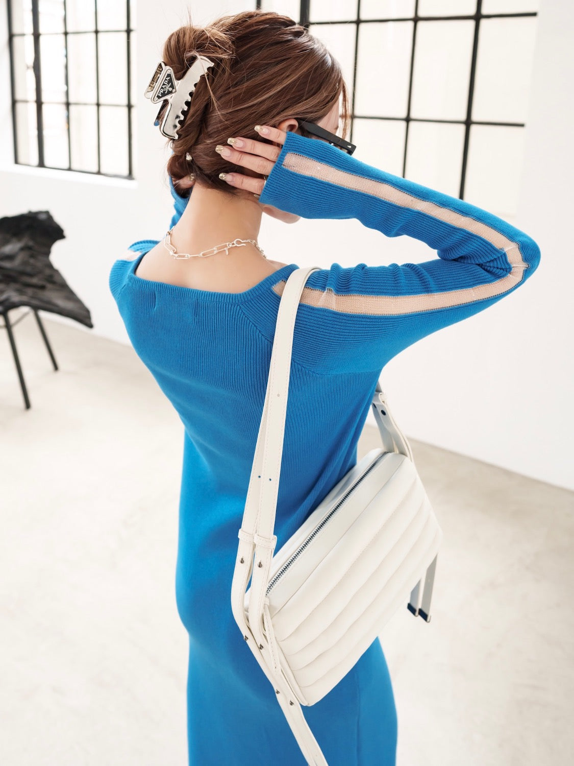 Mesh ライン スリーブ ワンピース