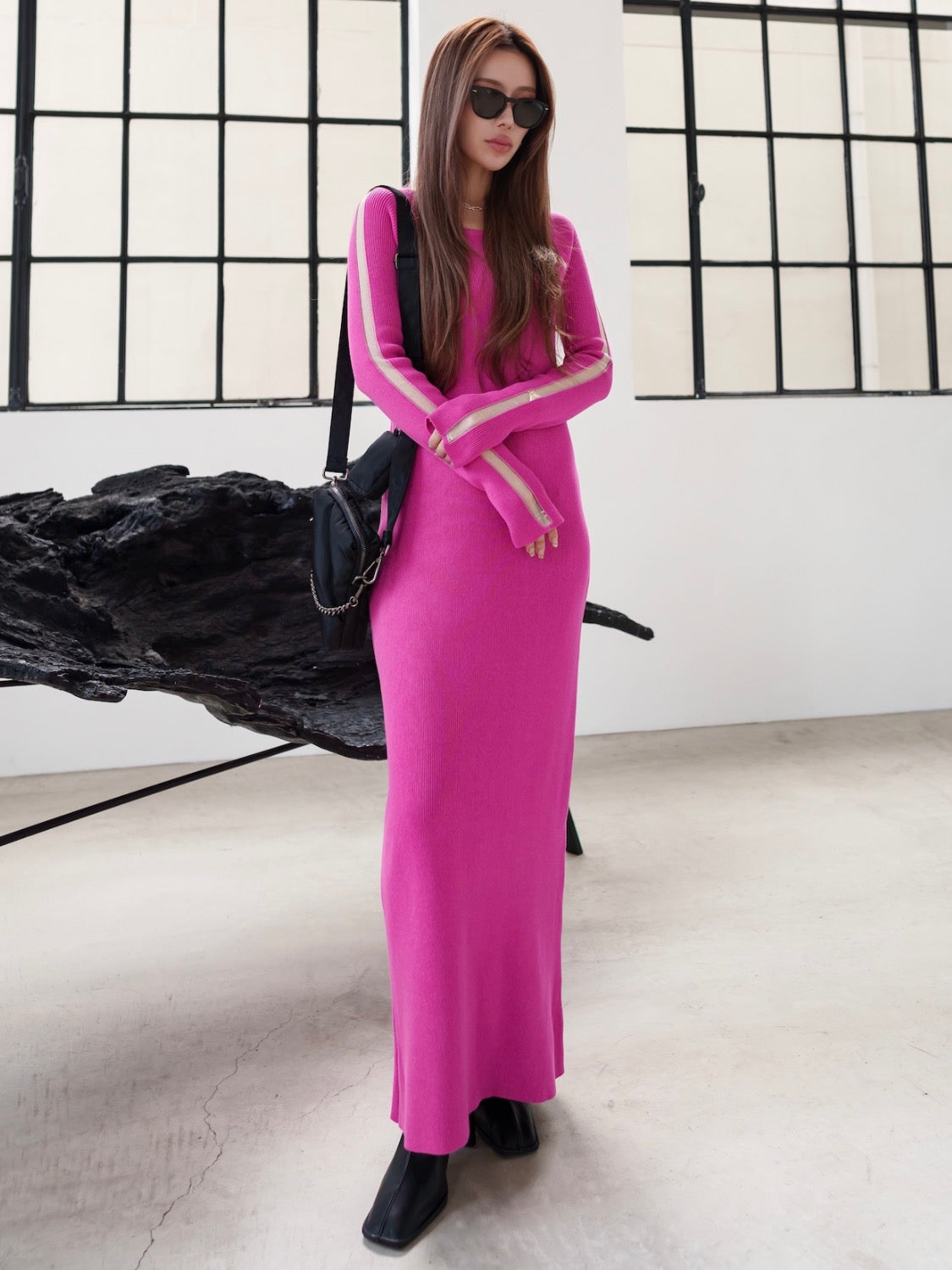 Mesh ライン スリーブ ワンピース