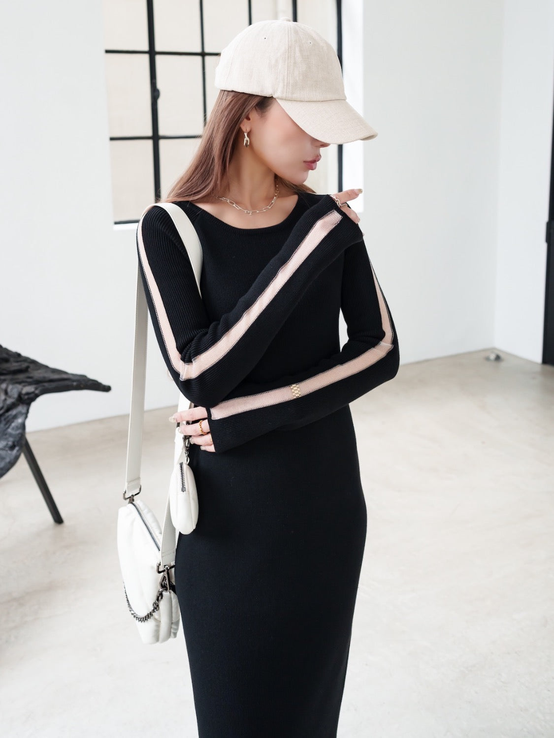 Mesh ライン スリーブ ワンピース