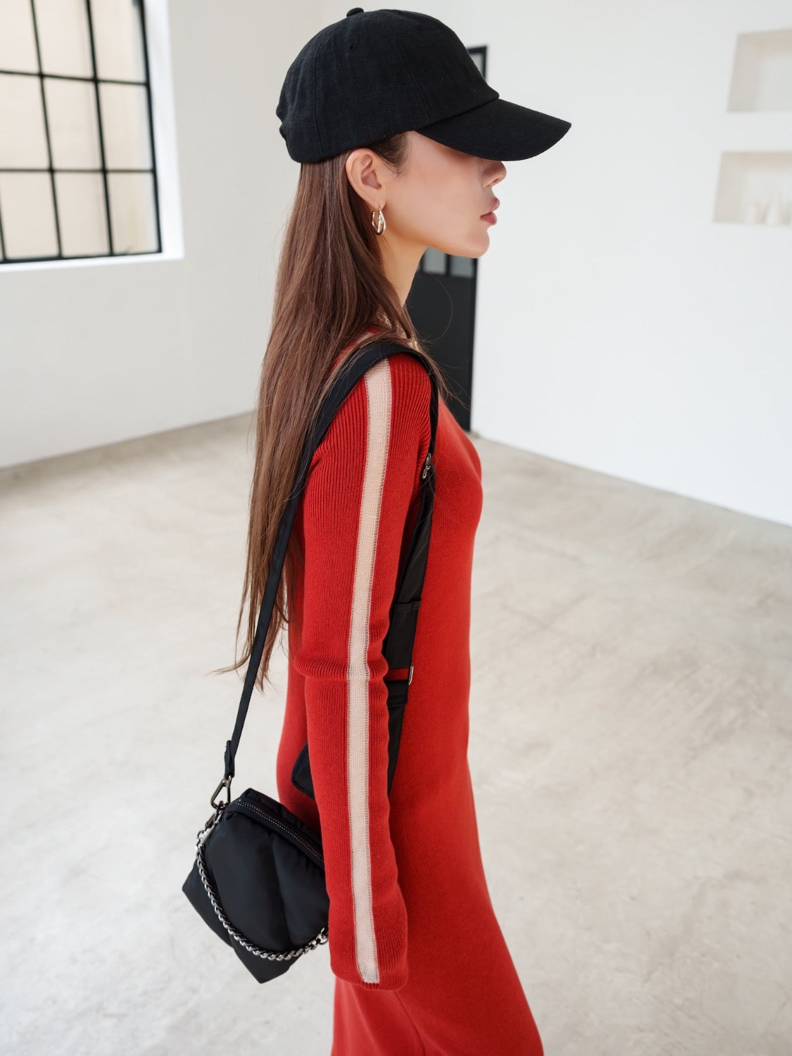 Mesh ライン スリーブ ワンピース