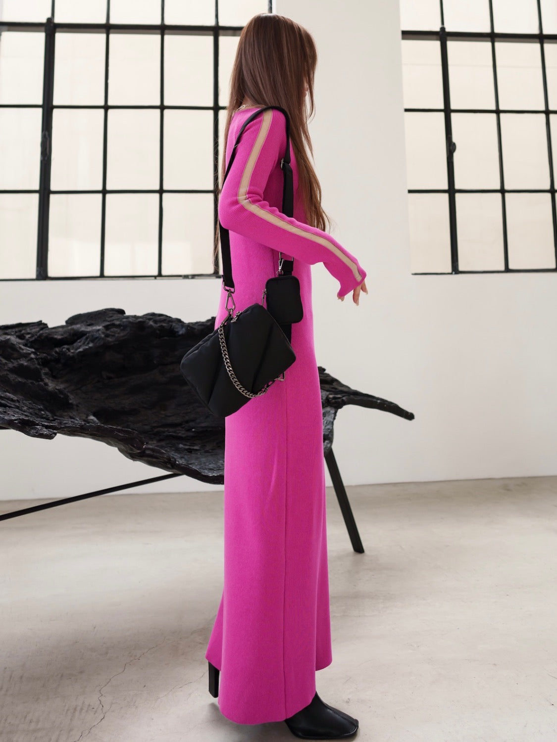 Mesh ライン スリーブ ワンピース