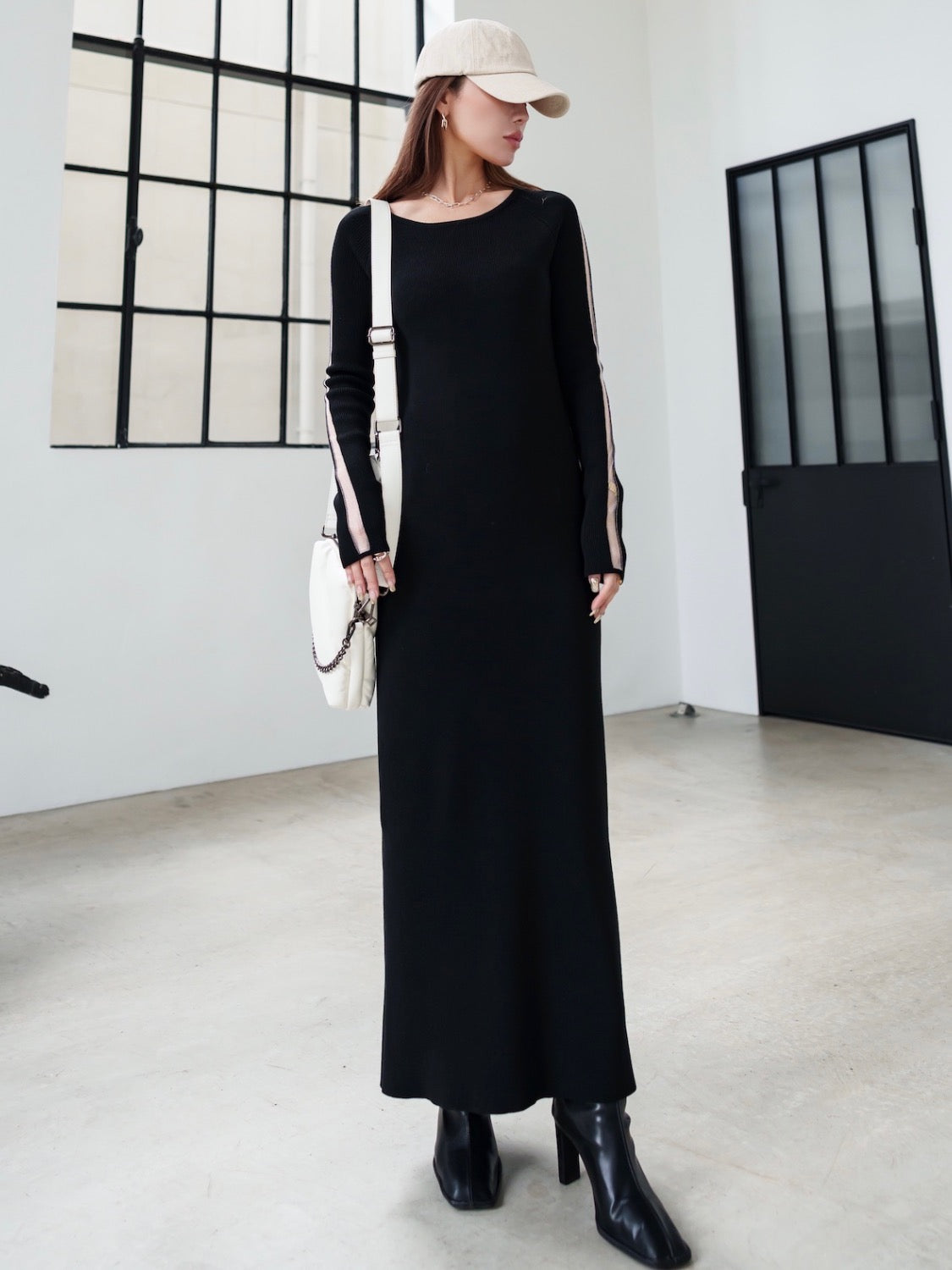 Mesh ライン スリーブ ワンピース