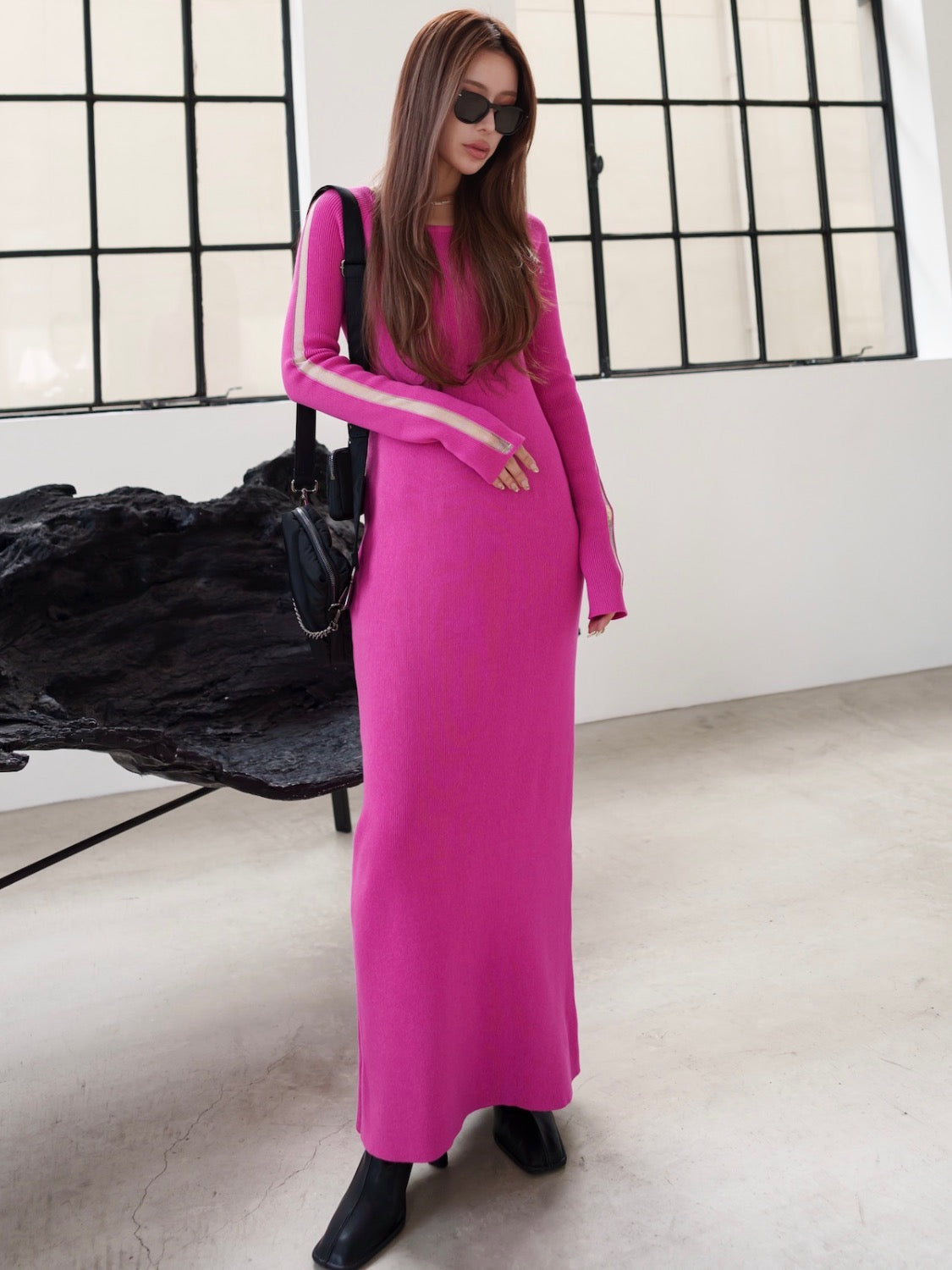 Mesh ライン スリーブ ワンピース