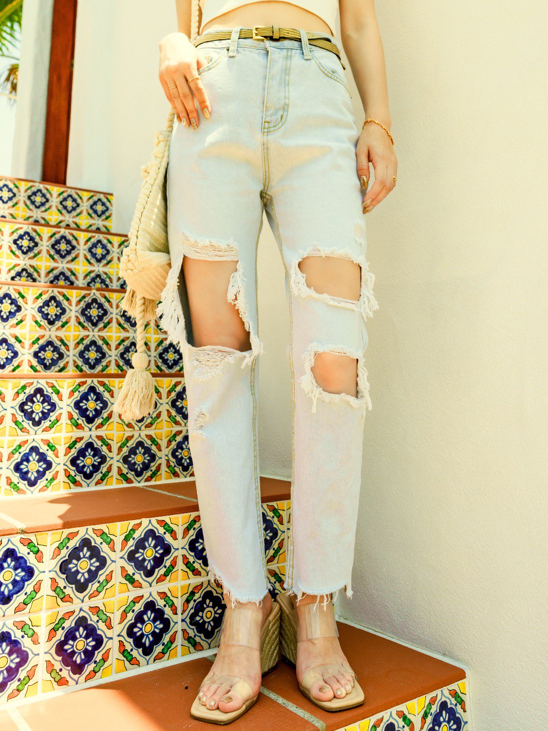 Bold Knee Crash Tapered Ice-Wash Denim