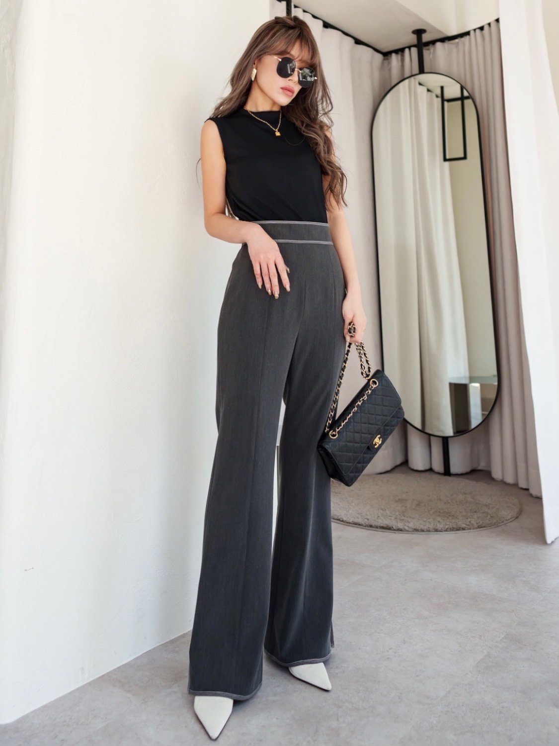 Stitched semi-flared pants