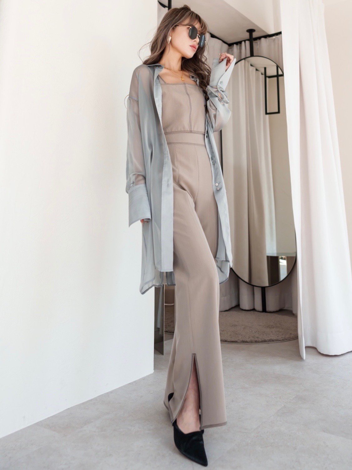 Stitched semi-flared pants