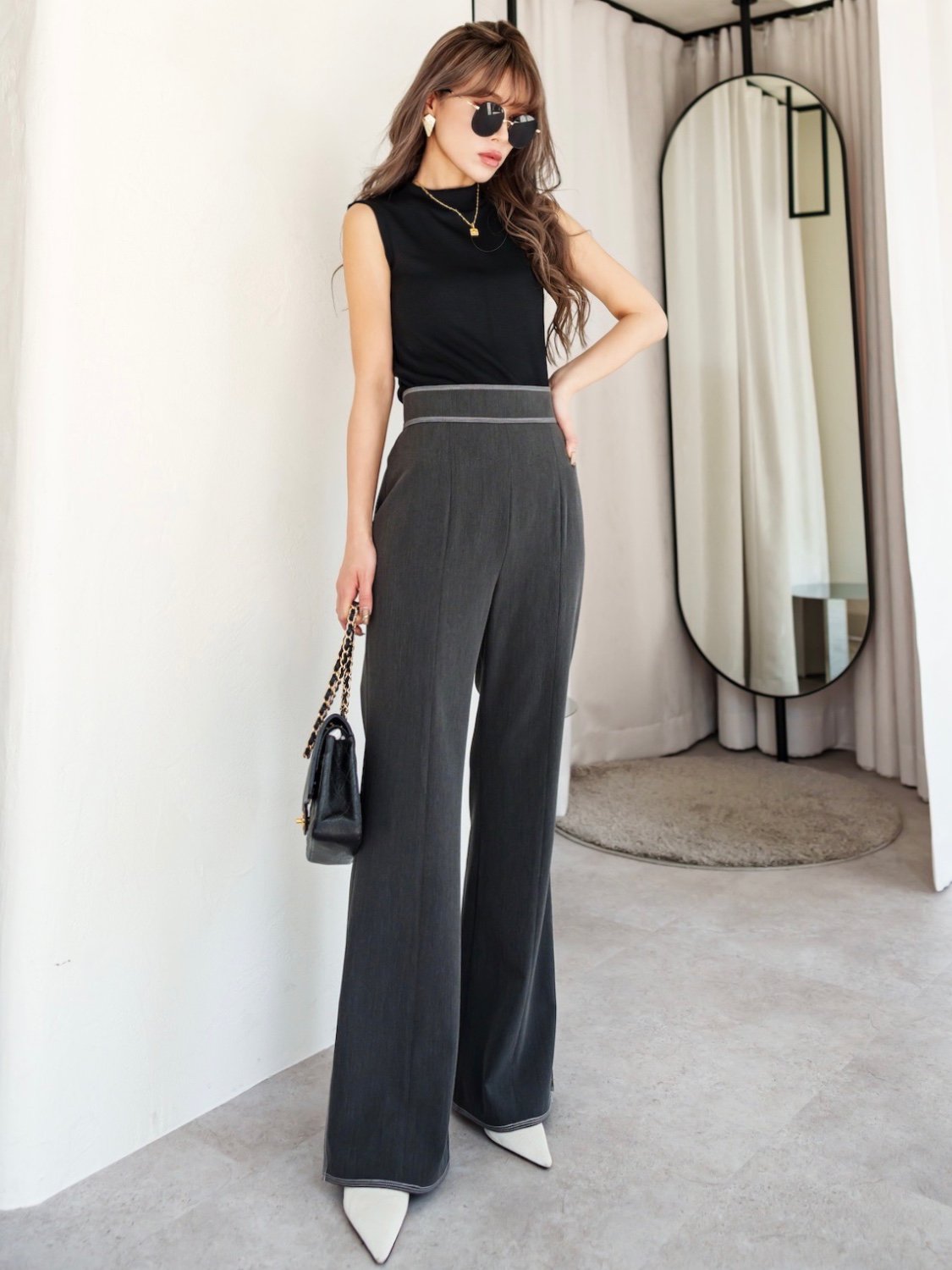 Stitched semi-flared pants