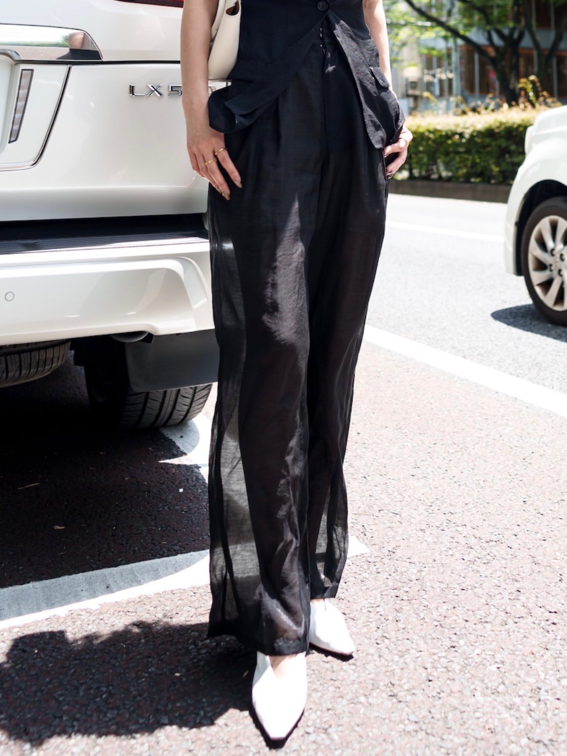 Sheer tuck wide pants