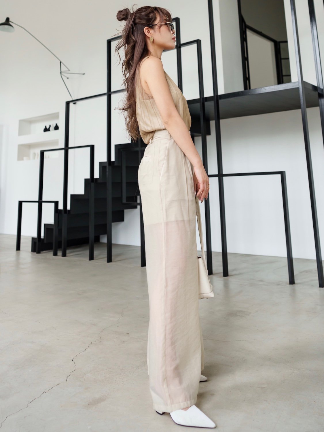 Sheer tuck wide pants