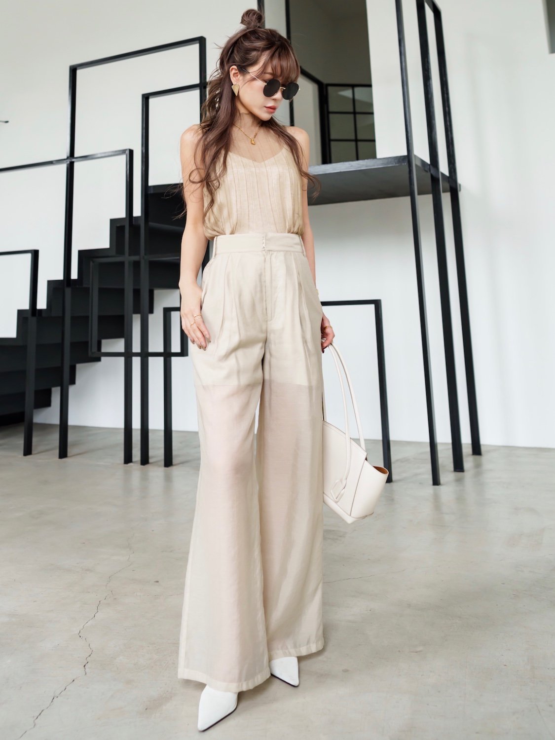 Sheer tuck wide pants