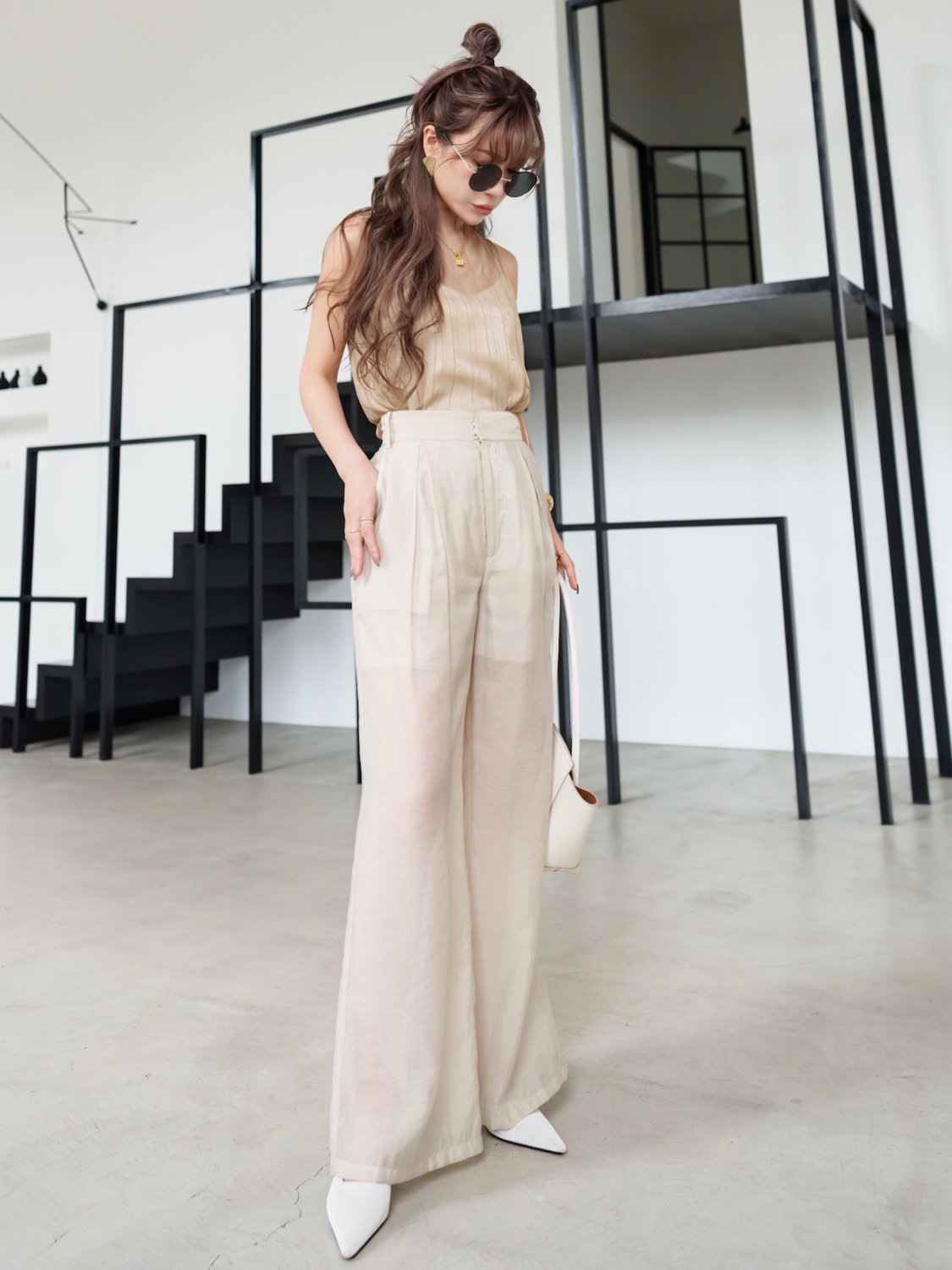 Sheer tuck wide pants