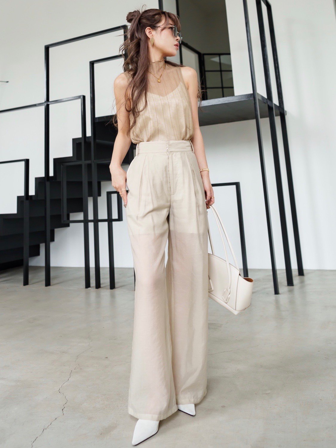 Sheer tuck wide pants