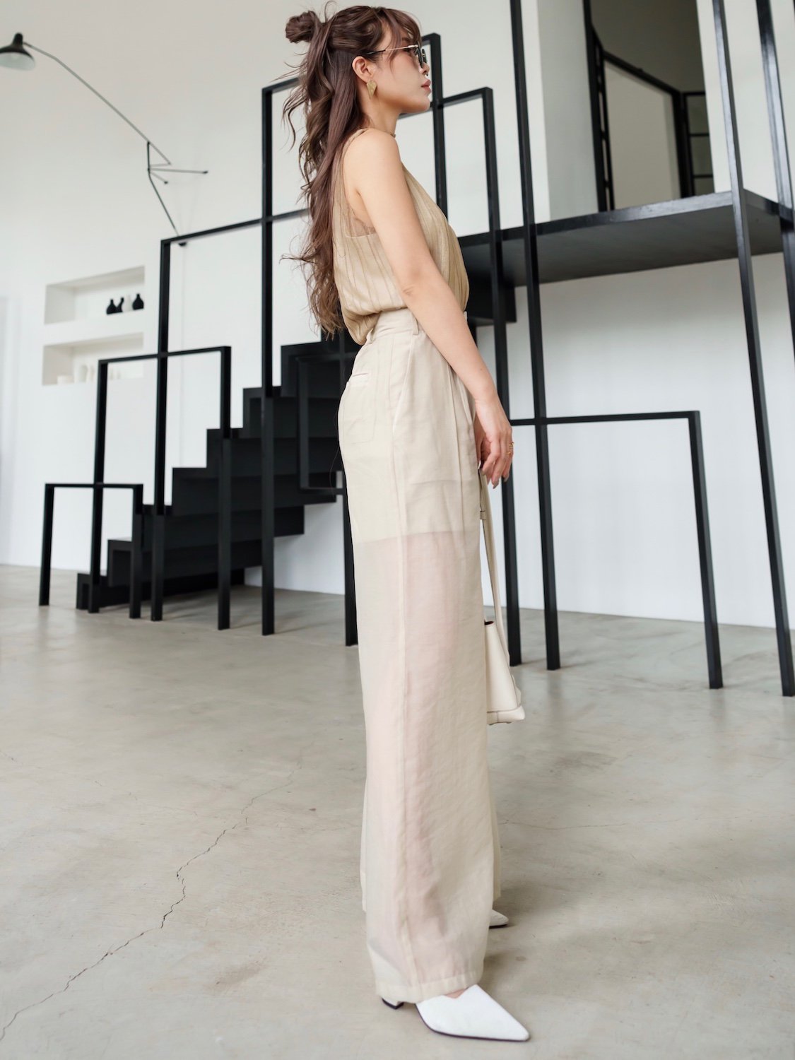 Sheer tuck wide pants