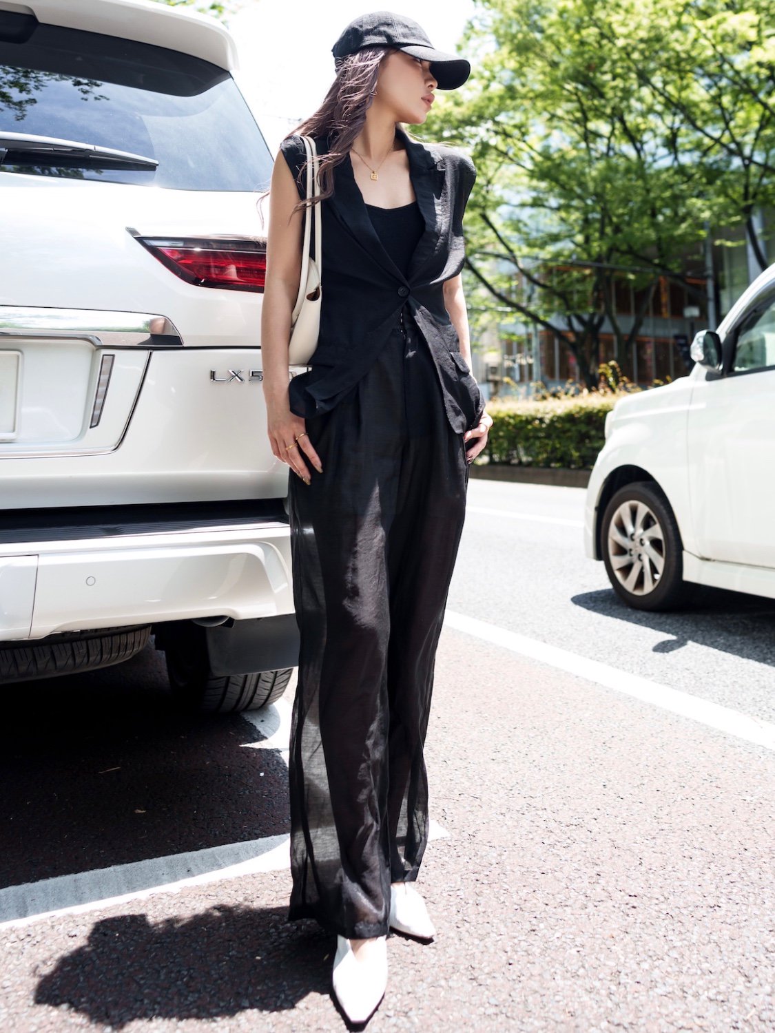 Sheer tuck wide pants