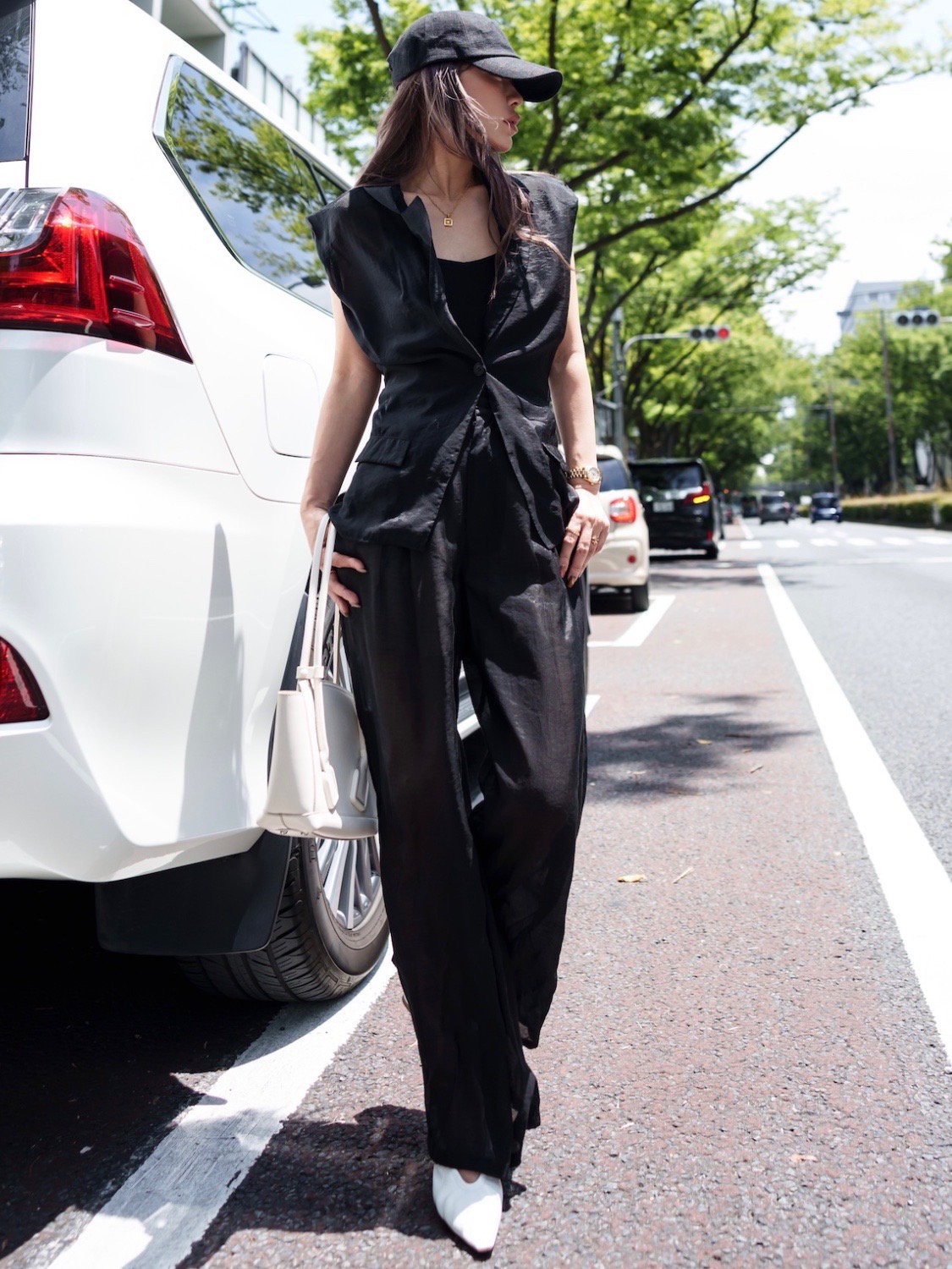Sheer tuck wide pants