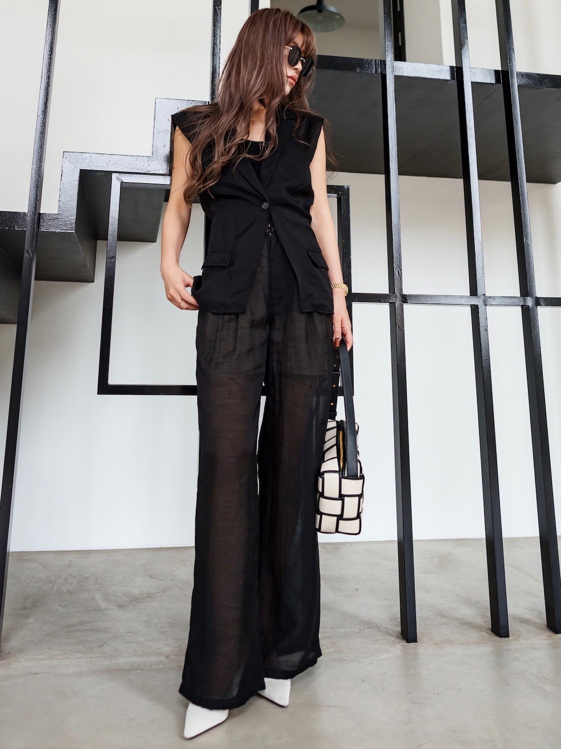 Sheer tuck wide pants