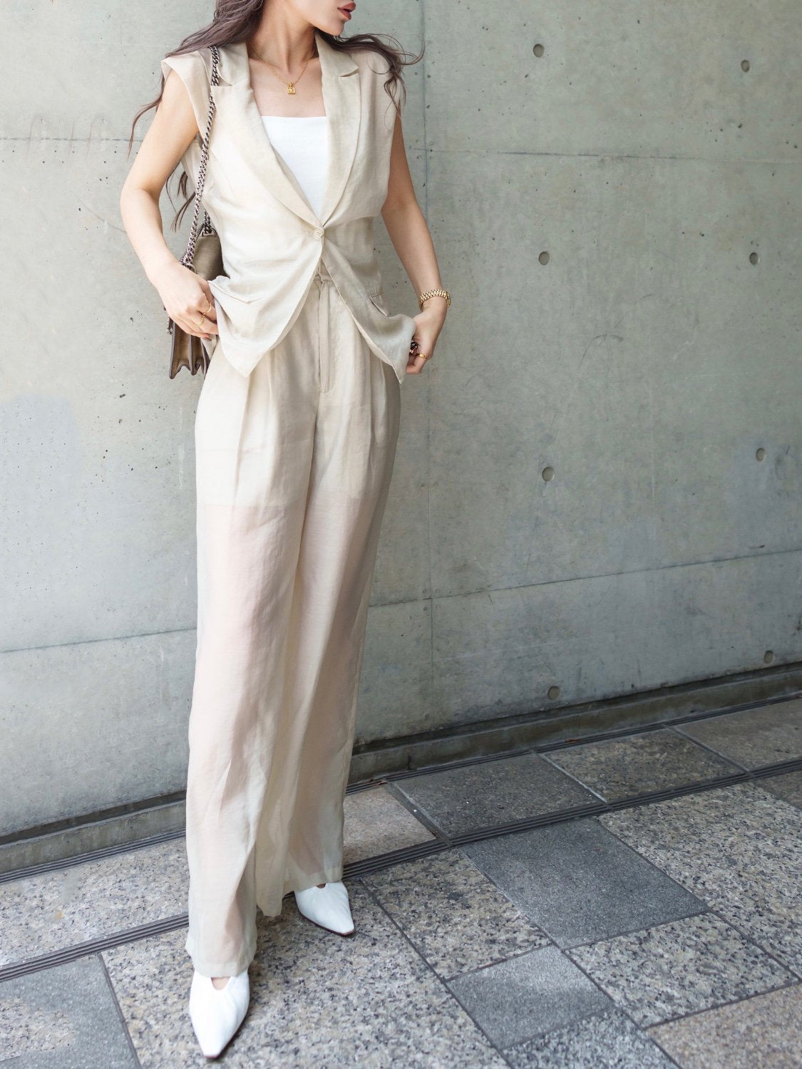Sheer tuck wide pants