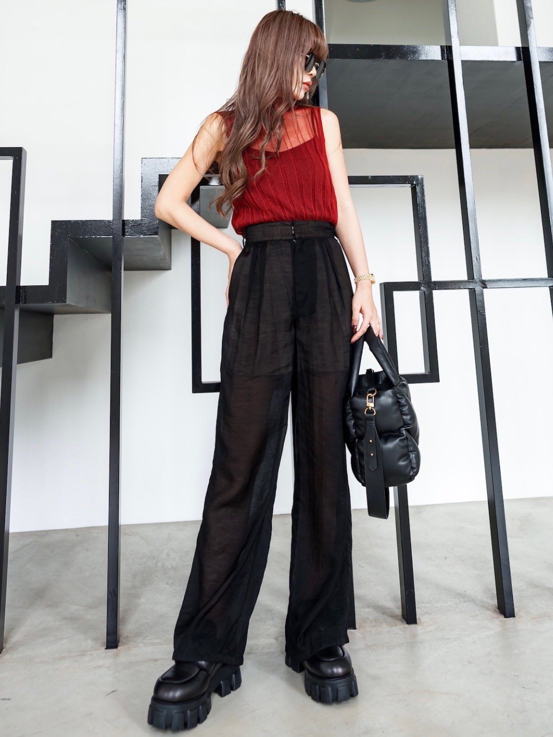 Sheer tuck wide pants