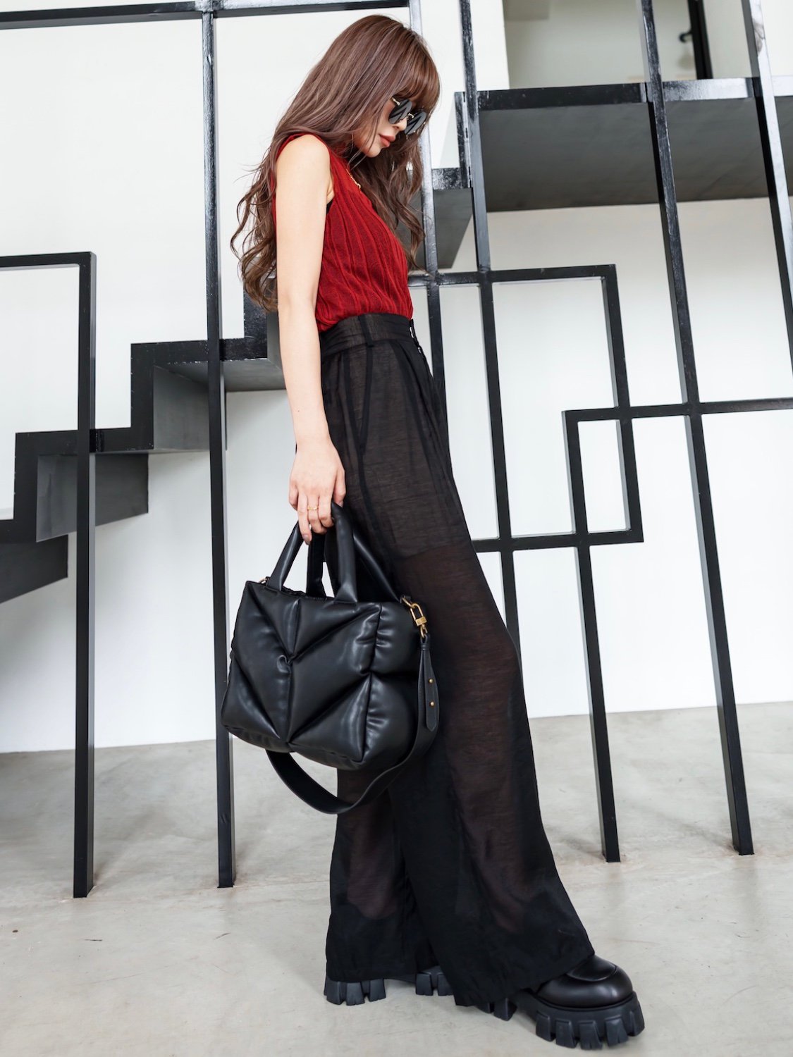 Sheer tuck wide pants