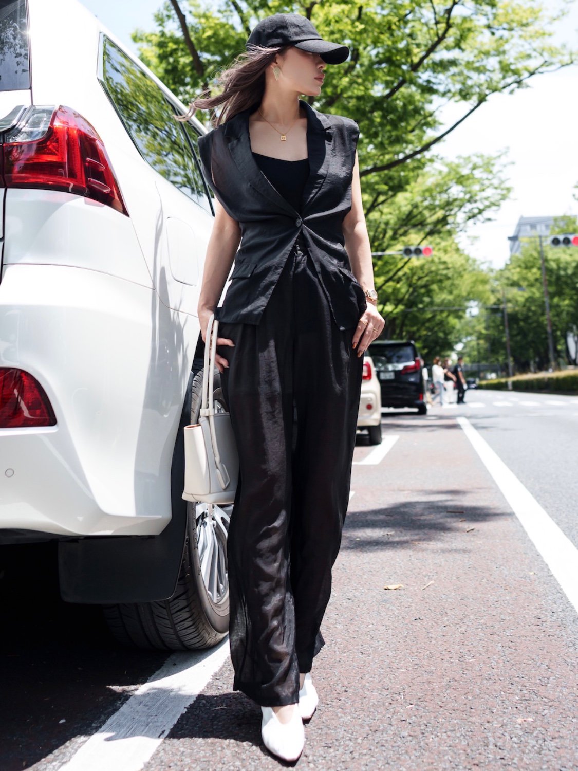 Sheer tuck wide pants