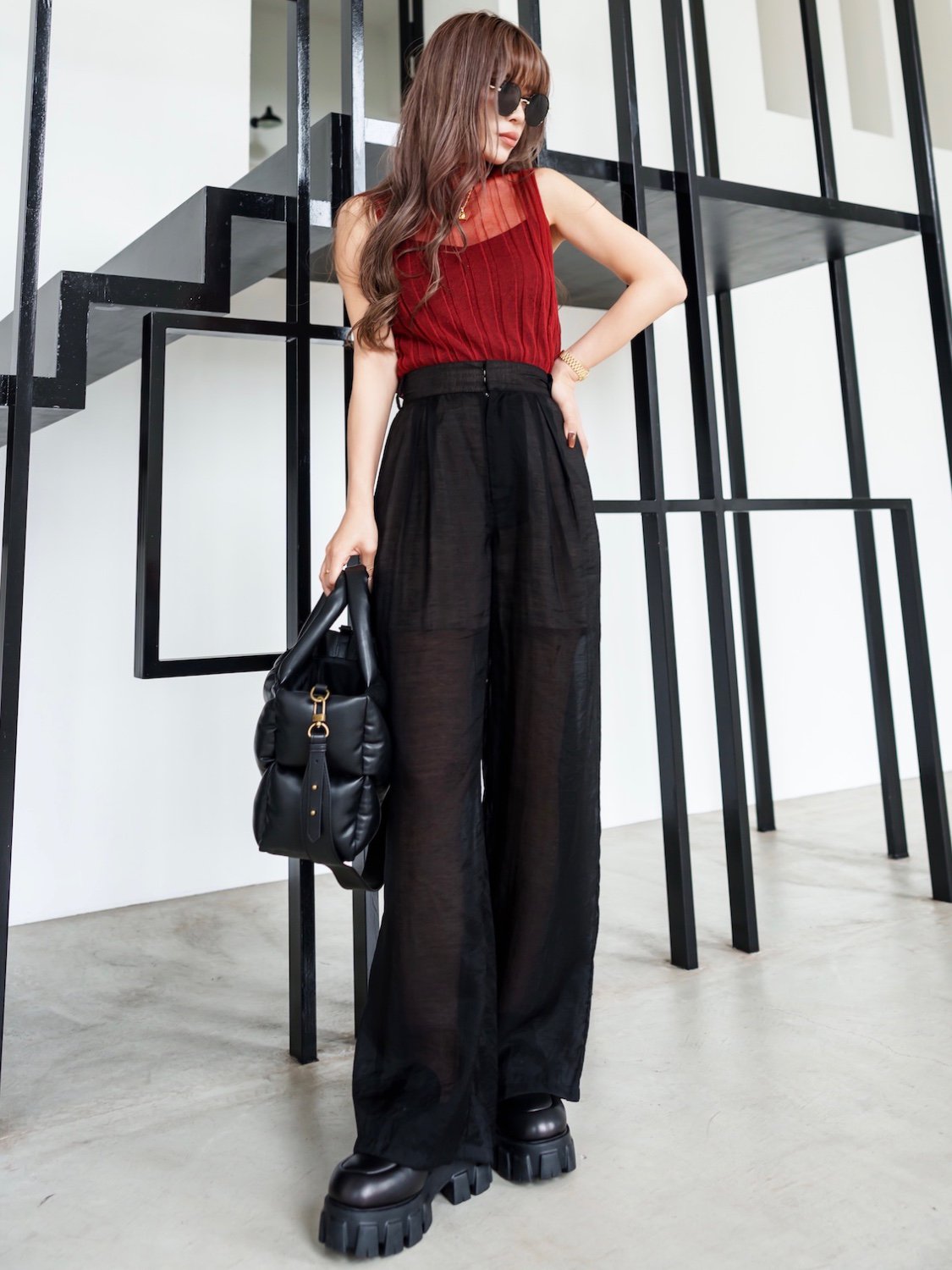 Sheer tuck wide pants