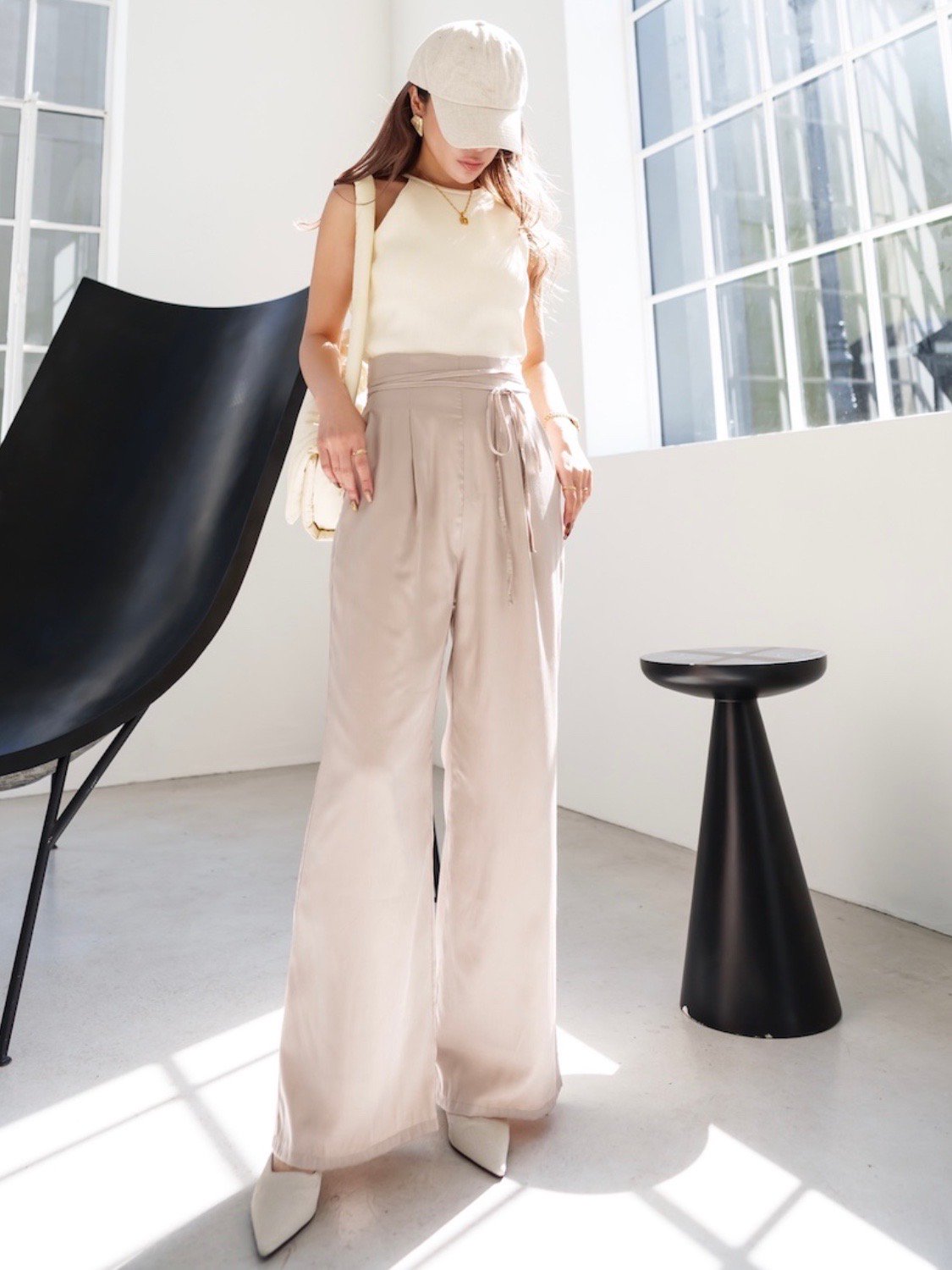 ウエストコード サテン Wide-pants